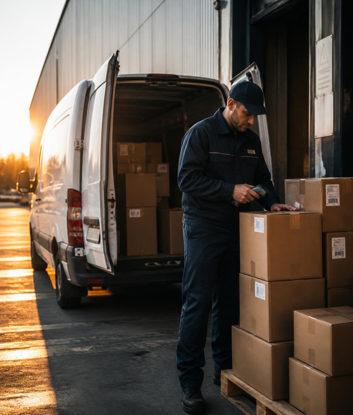 Fastsend courier scanning a parcel at a loading dock at sunrise
